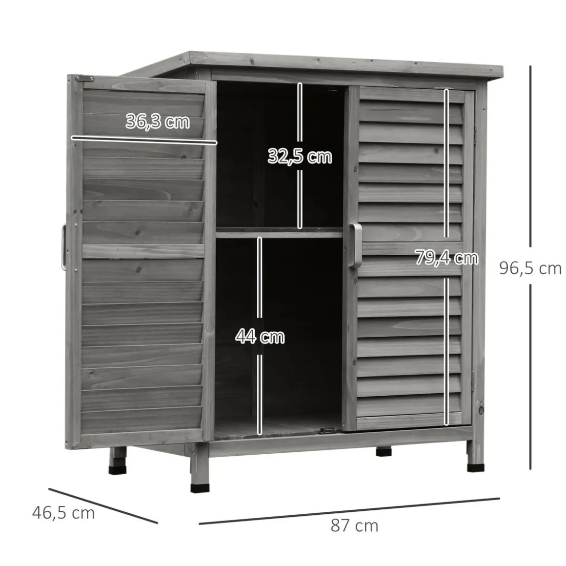 Cobertizo de jardín Jack Outsunny 2 puertas + 2 estantes interiores gris 96,5x87x46,5 cm