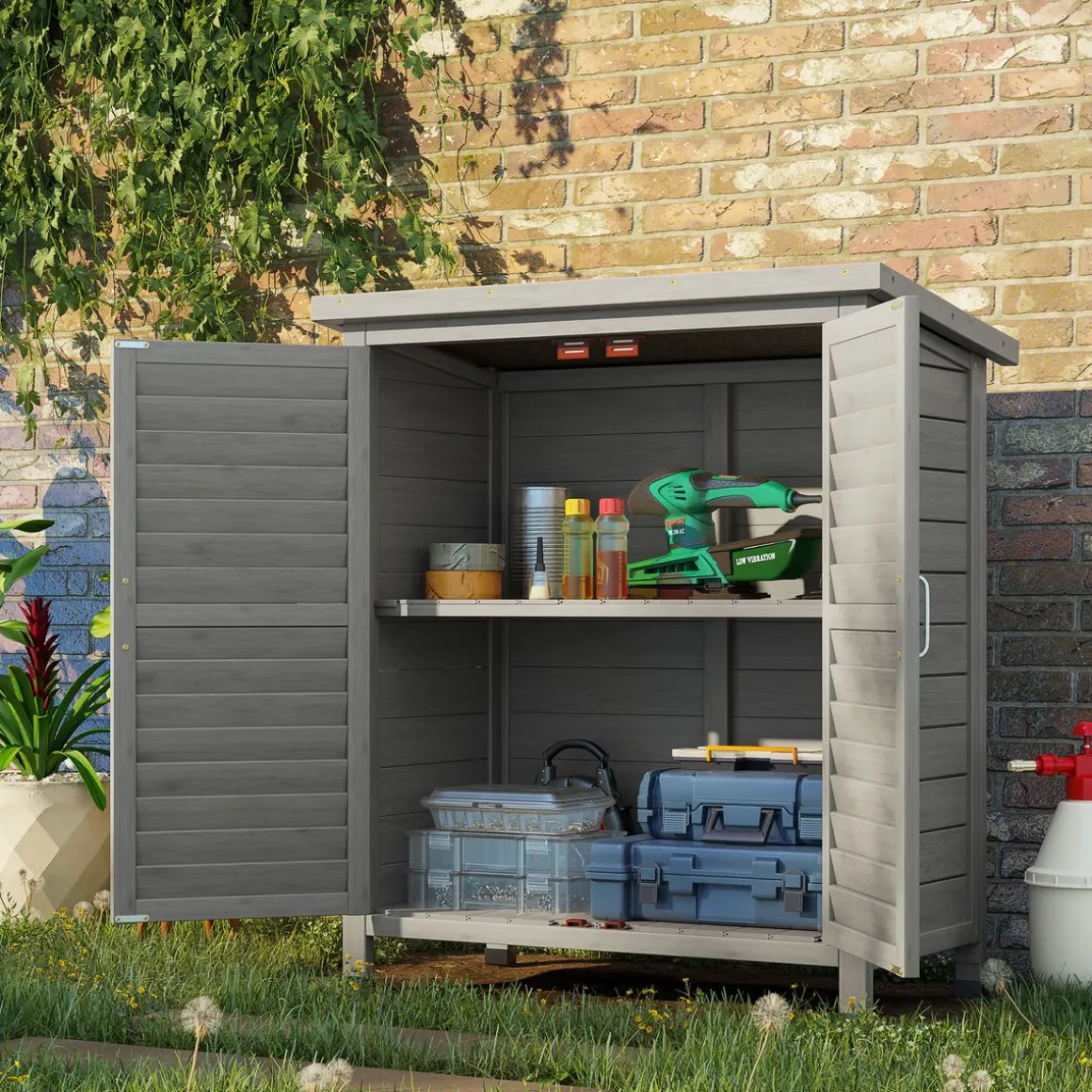 Cobertizo de jardín Jack Outsunny 2 puertas + 2 estantes interiores gris 96,5x87x46,5 cm