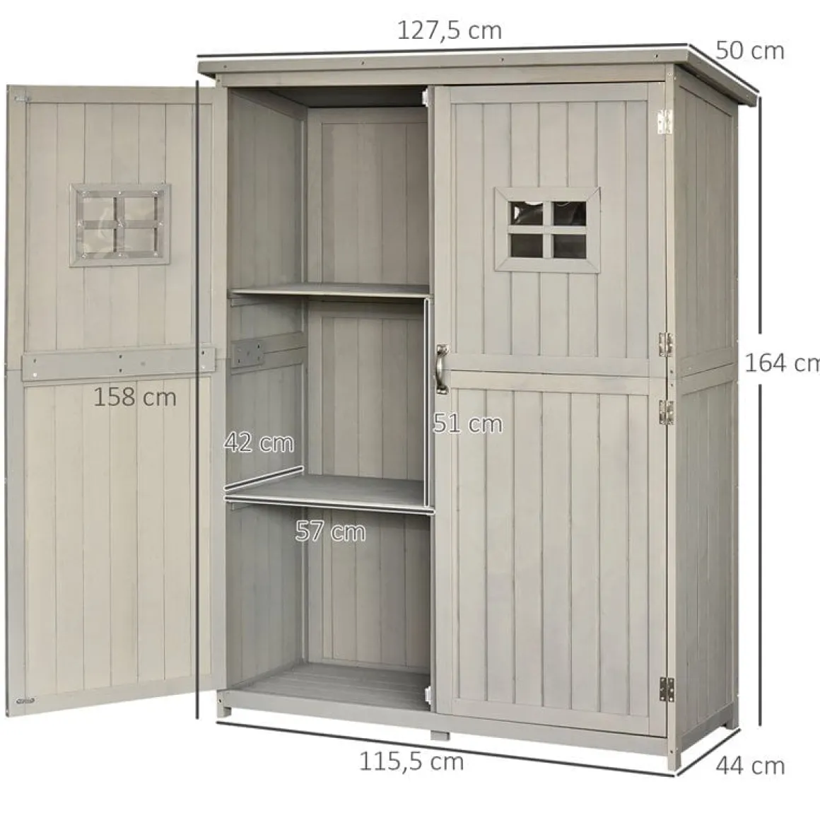 Cobertizo de jardín Outsunny doble puerta madera gris 164x127,5x50 cm