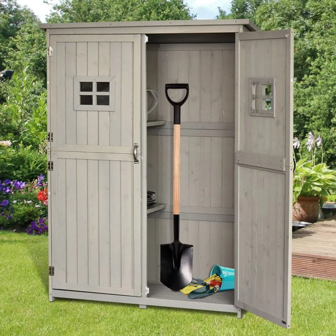 Cobertizo de jardín Outsunny doble puerta madera gris 164x127,5x50 cm