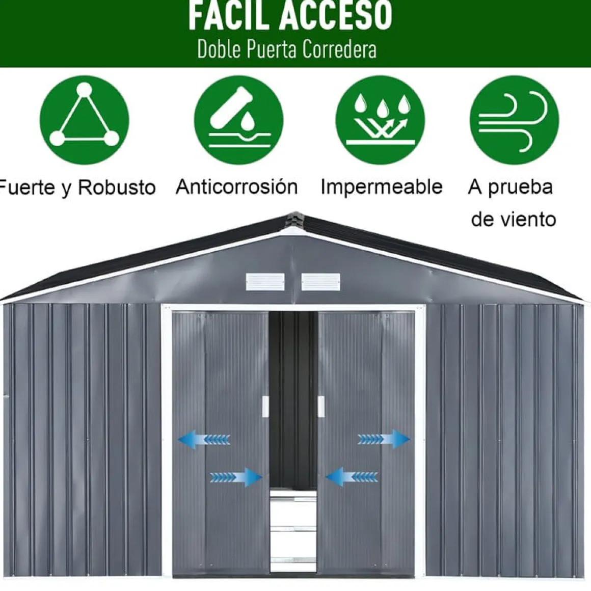 Cobertizo de jardín Outsunny puertas correderas gris 200x340x386 cm