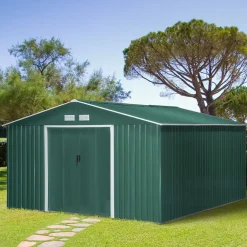 Cobertizo de jardín Outsunny puertas correderas verde 200x340x386 cm
