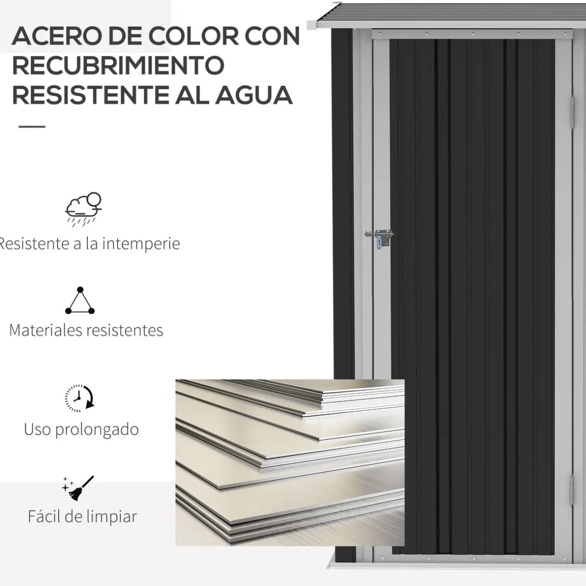 Cobertizo de jardín Salamanca Outsunny puerta con pestillo + techo inclinado negro 177-189x142x84 cm