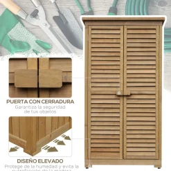 Cobertizo de jardín Wood Outsunny 2 puertas + 3 estantes interiores natural 160x87x46,5 cm