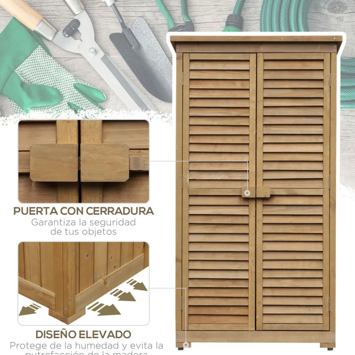 Cobertizo de jardín Wood Outsunny 2 puertas + 3 estantes interiores natural 160x87x46,5 cm