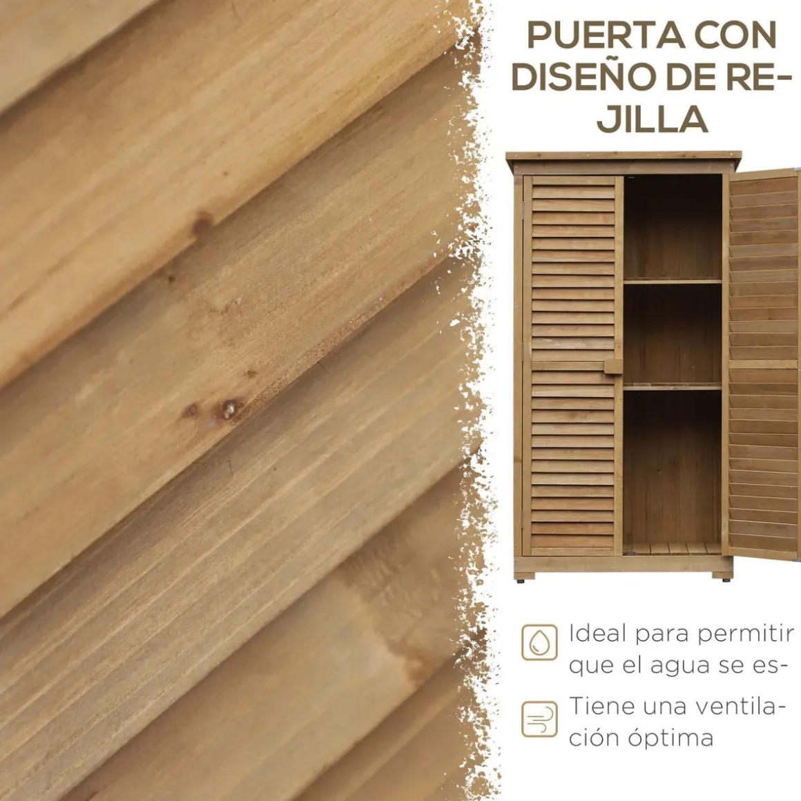Cobertizo de jardín Wood Outsunny 2 puertas + 3 estantes interiores natural 160x87x46,5 cm