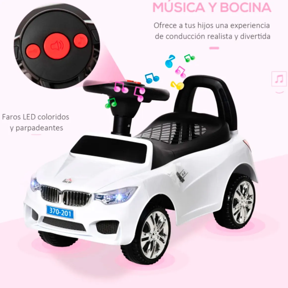 Coche correpasillos Homcom con música y bocina +18M blanco 36x28x63,5 cm