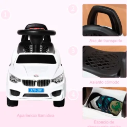 Coche correpasillos Homcom con música y bocina +18M blanco 36x28x63,5 cm