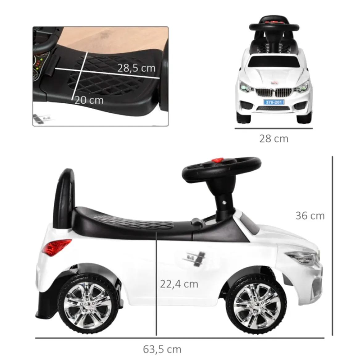 Coche correpasillos Homcom con música y bocina +18M blanco 36x28x63,5 cm