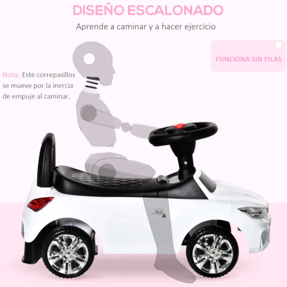 Coche correpasillos Homcom con música y bocina +18M blanco 36x28x63,5 cm
