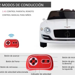 Coche eléctrico 2 modos de control con música +3 años 108x60x43 cm blanco