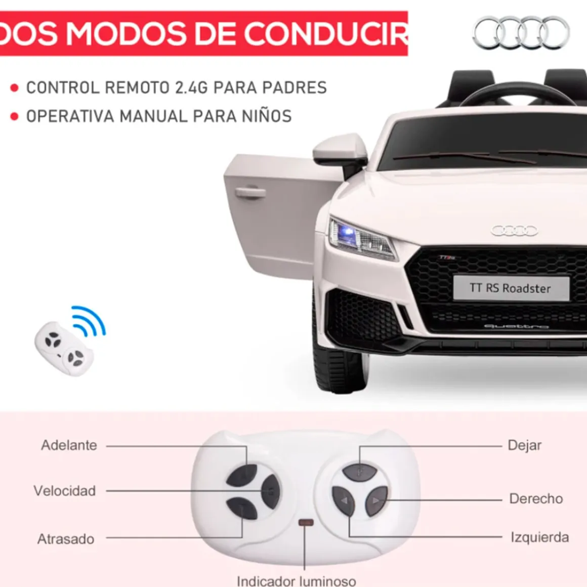 Coche eléctrico Audi TT RS infantil Homcom con mando y luces blanco +3A 44x102x60 cm