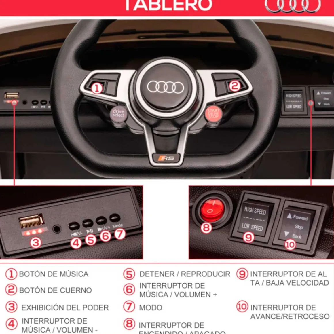 Coche eléctrico Audi TT RS infantil Homcom con mando y luces blanco +3A 44x102x60 cm