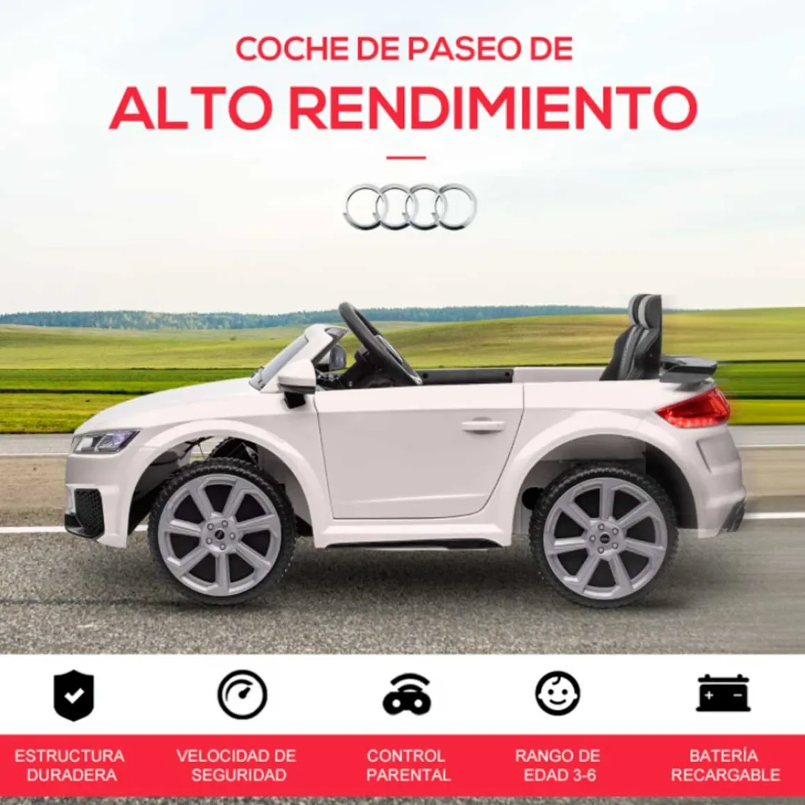 Coche eléctrico Audi TT RS infantil Homcom con mando y luces blanco +3A 44x102x60 cm
