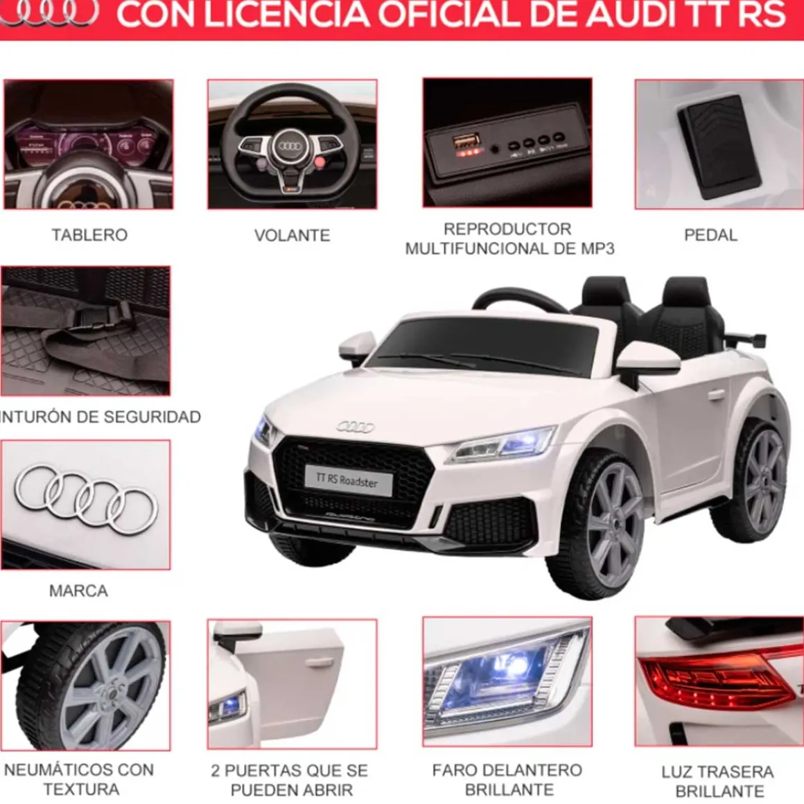 Coche eléctrico Audi TT RS infantil Homcom con mando y luces blanco +3A 44x102x60 cm