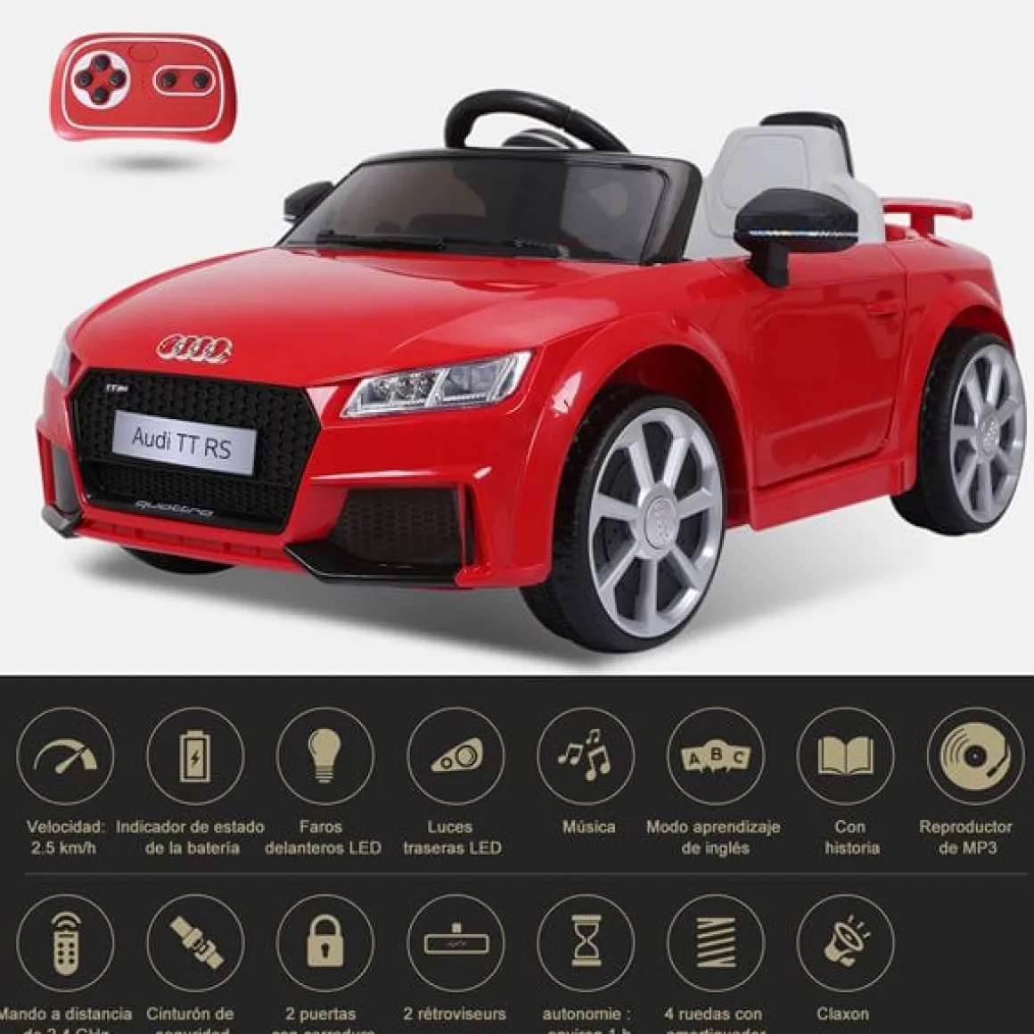 Coche eléctrico infantil con batería Audi TT RS +3A con música y luces rojo 44x63x103 cm