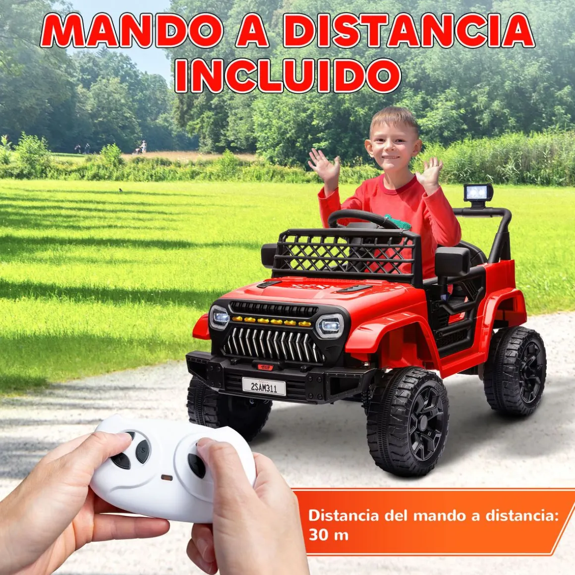 Coche eléctrico infantil Kenia Aiyaplay mando a distancia + USB + bocina rojo 65x62,5x95 cm