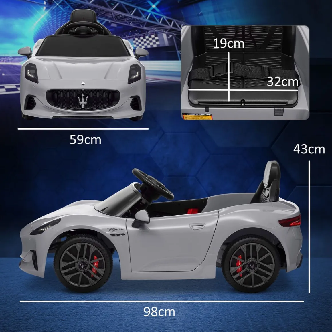 Coche eléctrico infantil Maserati Gran Turismo Folgore Aiyaplay luces LED + bocina + música 43x59x98 cm