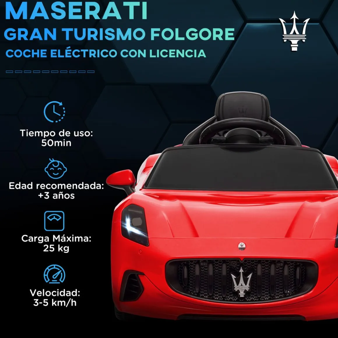 Coche eléctrico infantil Maserati Gran Turismo Folgore Aiyaplay luces LED + bocina + música 43x59x98 cm
