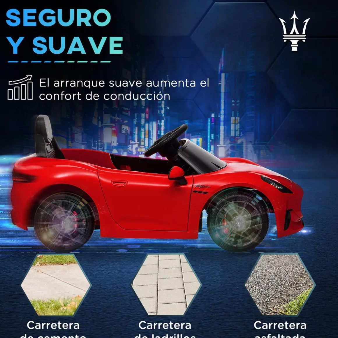 Coche eléctrico infantil Maserati Gran Turismo Folgore Aiyaplay luces LED + bocina + música 43x59x98 cm