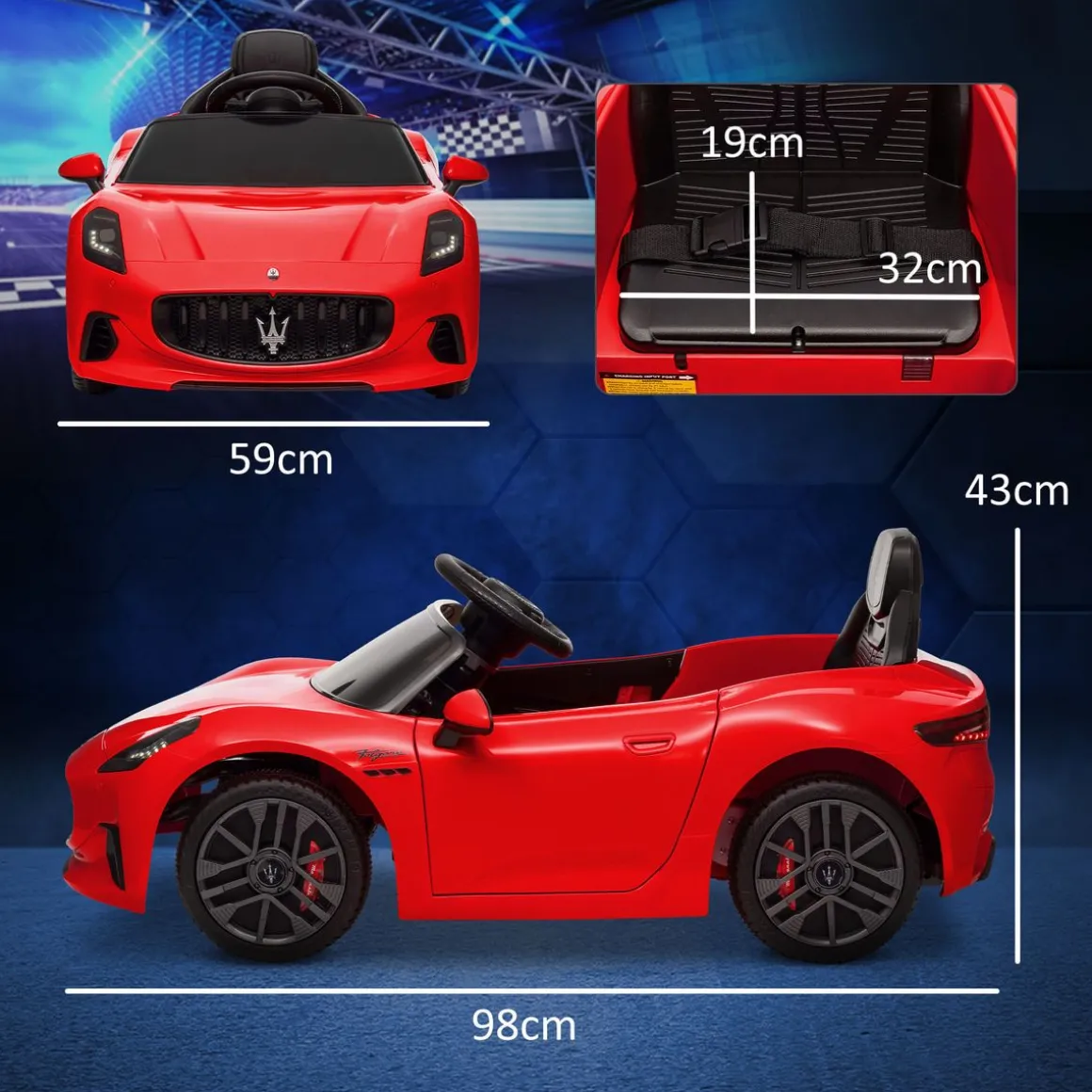 Coche eléctrico infantil Maserati Gran Turismo Folgore Aiyaplay luces LED + bocina + música 43x59x98 cm