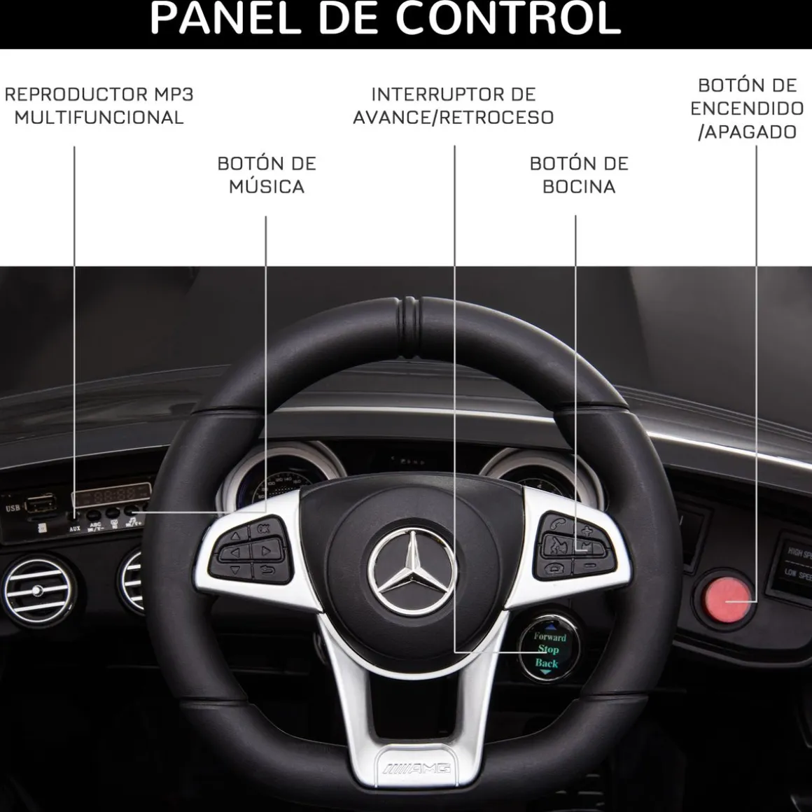 Coche eléctrico infantil Mercedes AMG Homcom con música + luces negro 55x115x70 cm