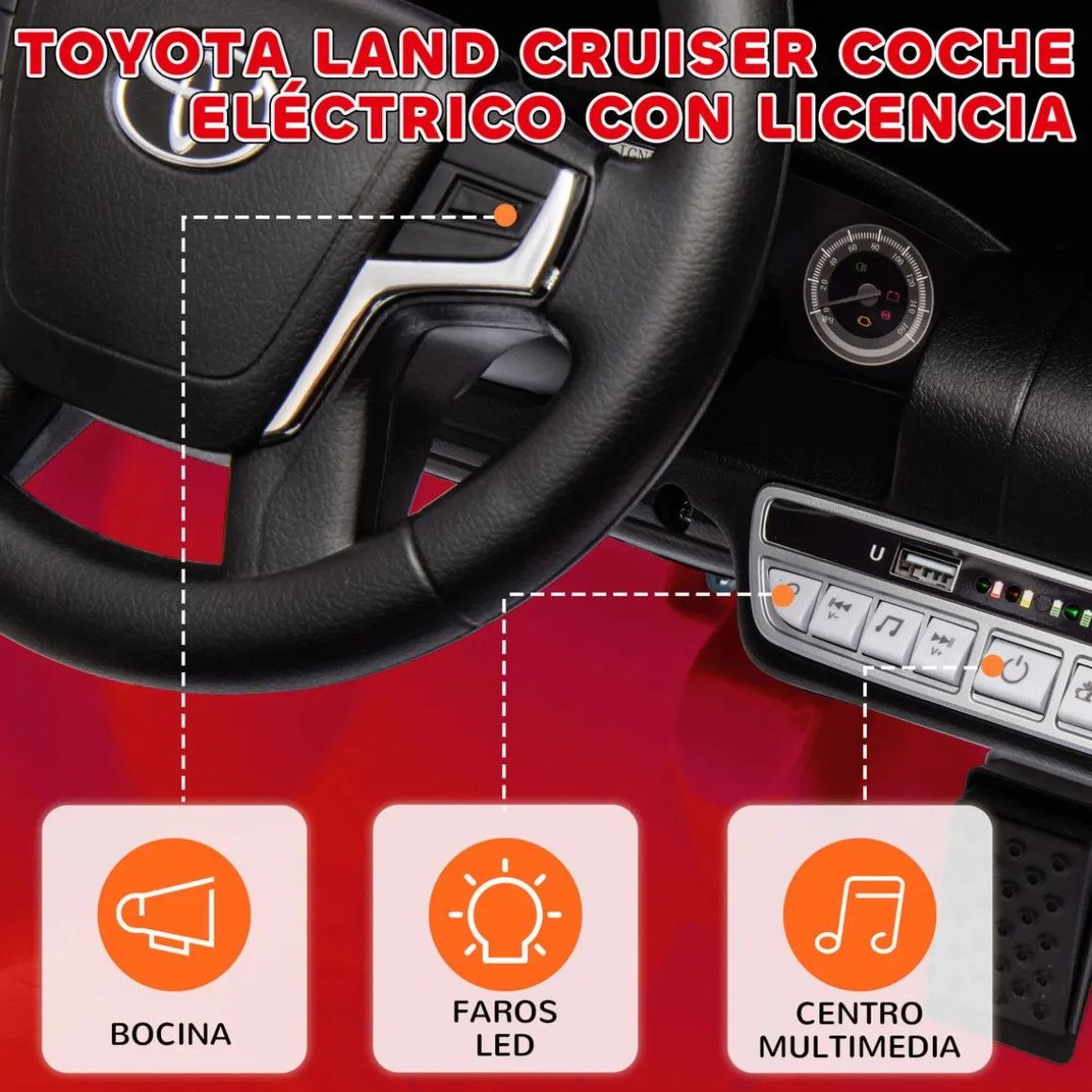 Coche eléctrico infantil Toyota Land Cruiser Aiyaplay luces LED + bocina + USB rojo 55,5x65x107 cm