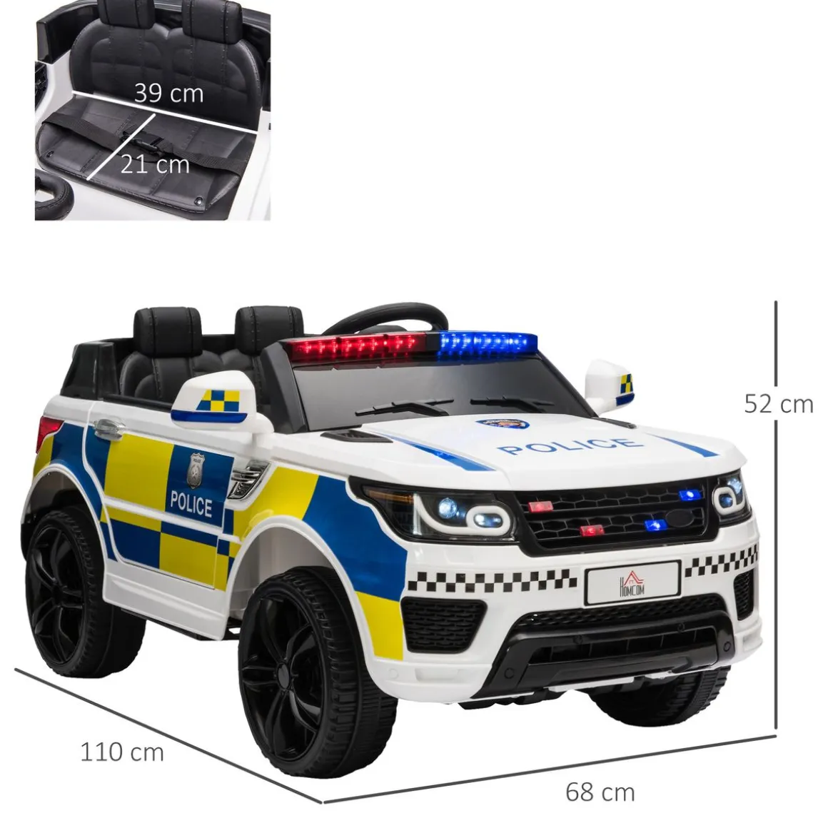 Coche eléctrico Police Homcom con mando a distancia + luz LED + sirena blanco 52x110x68 cm