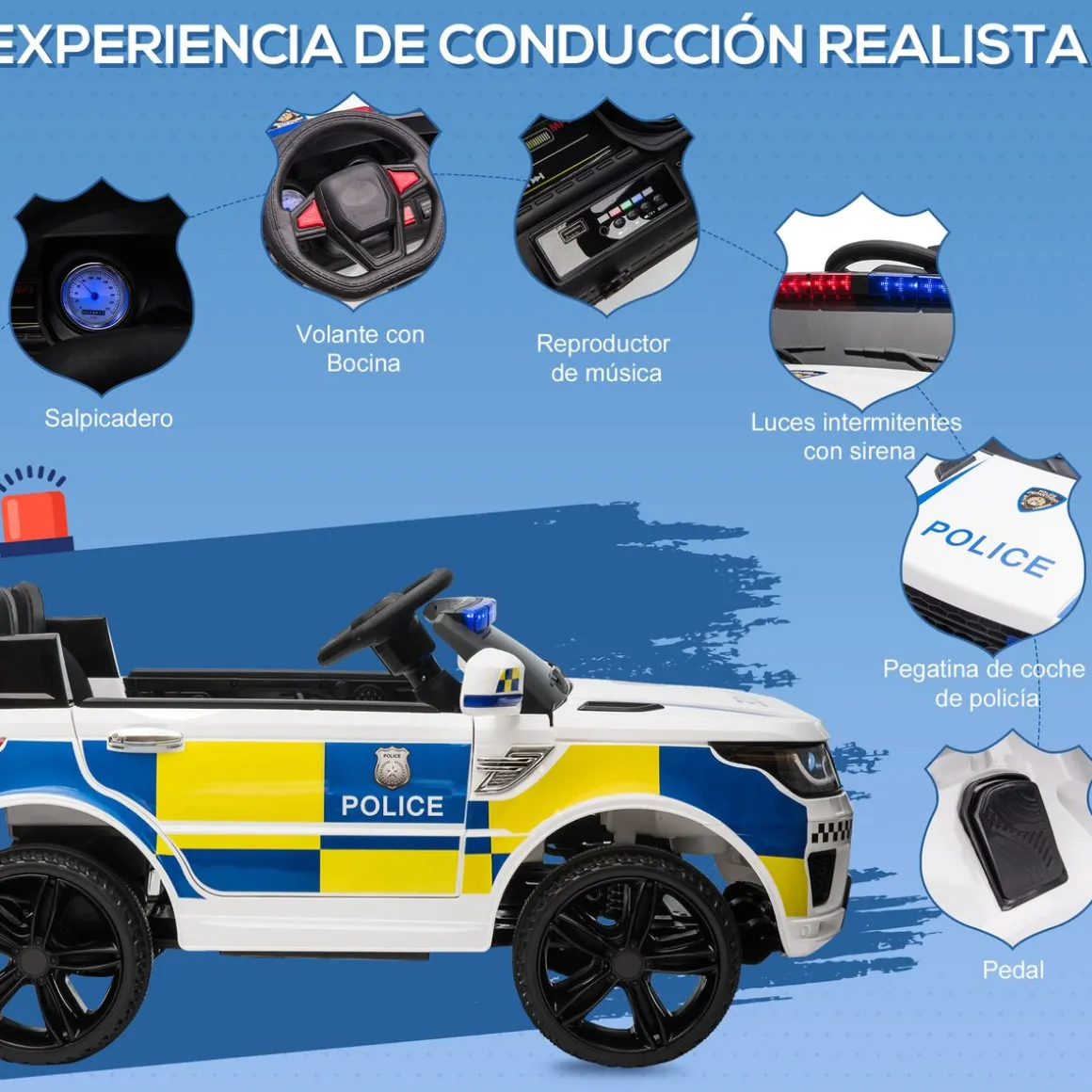 Coche eléctrico Police Homcom con mando a distancia + luz LED + sirena blanco 52x110x68 cm