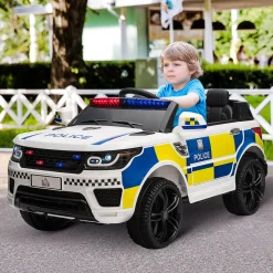 Coche eléctrico Police Homcom con mando a distancia + luz LED + sirena blanco 52x110x68 cm