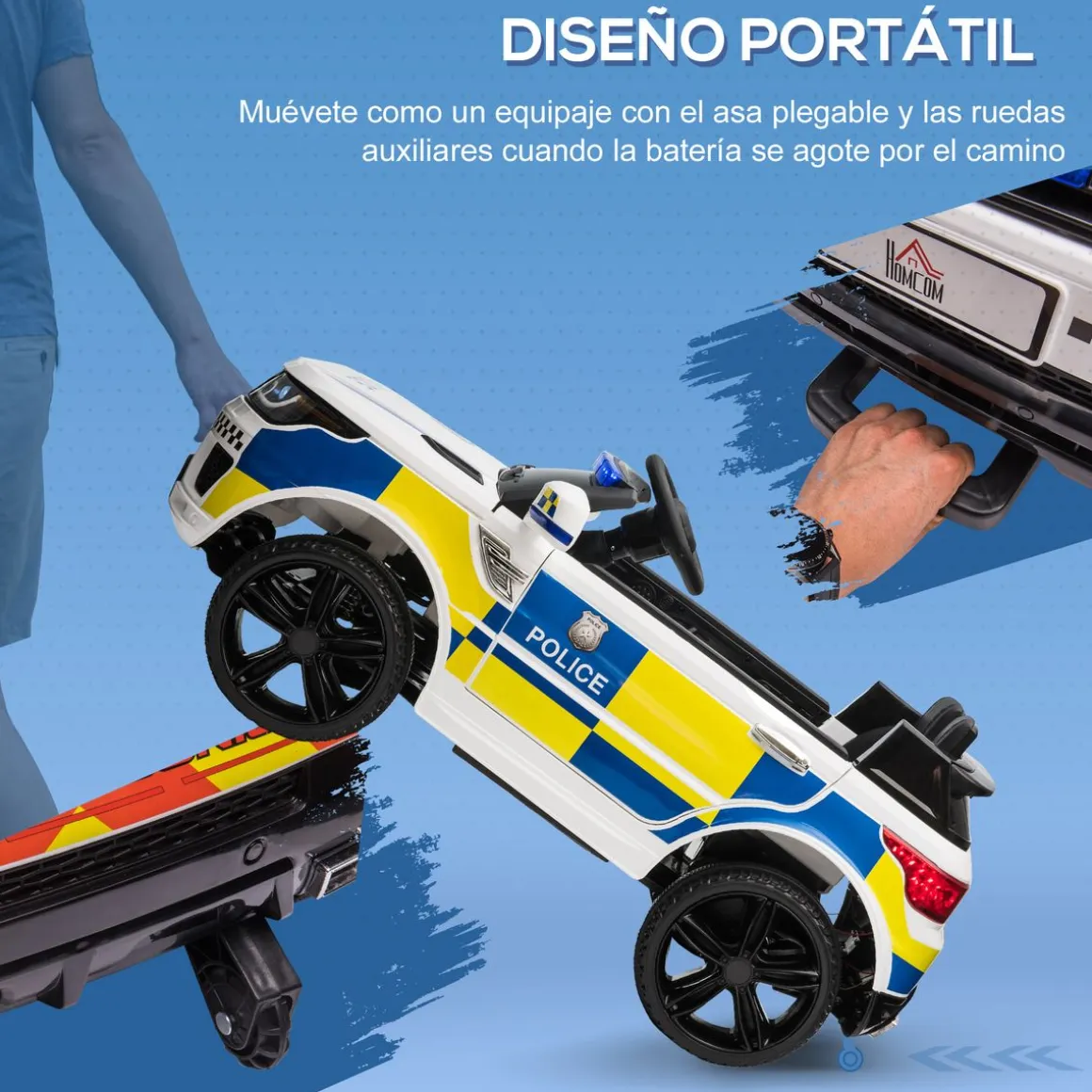 Coche eléctrico Police Homcom con mando a distancia + luz LED + sirena blanco 52x110x68 cm
