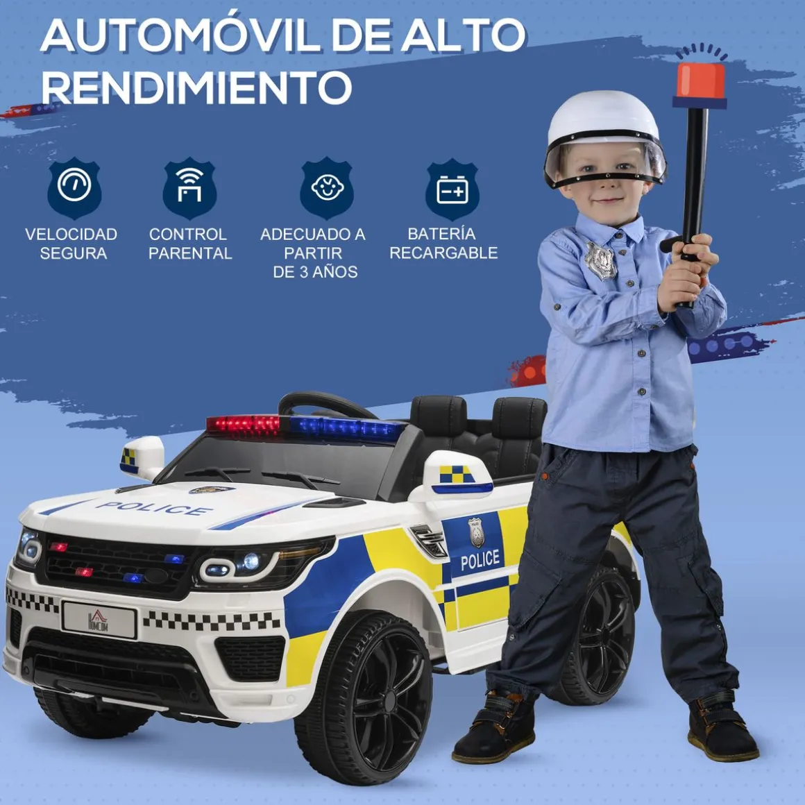 Coche eléctrico Police Homcom con mando a distancia + luz LED + sirena blanco 52x110x68 cm