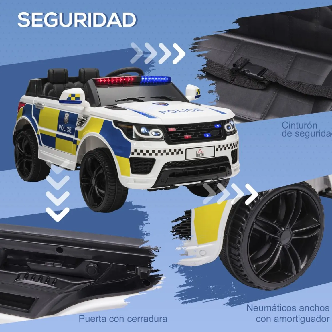 Coche eléctrico Police Homcom con mando a distancia + luz LED + sirena blanco 52x110x68 cm