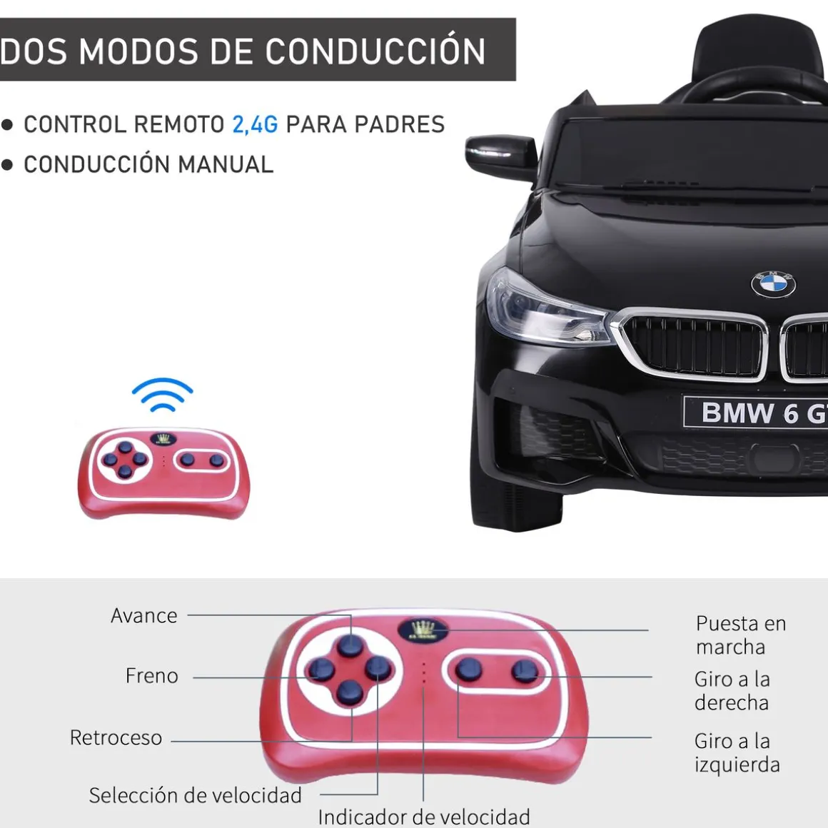 Cochecito eléctrico BMW 6GT Homcom infantil con luces + sonidos +3A negro 51x106x64 cm