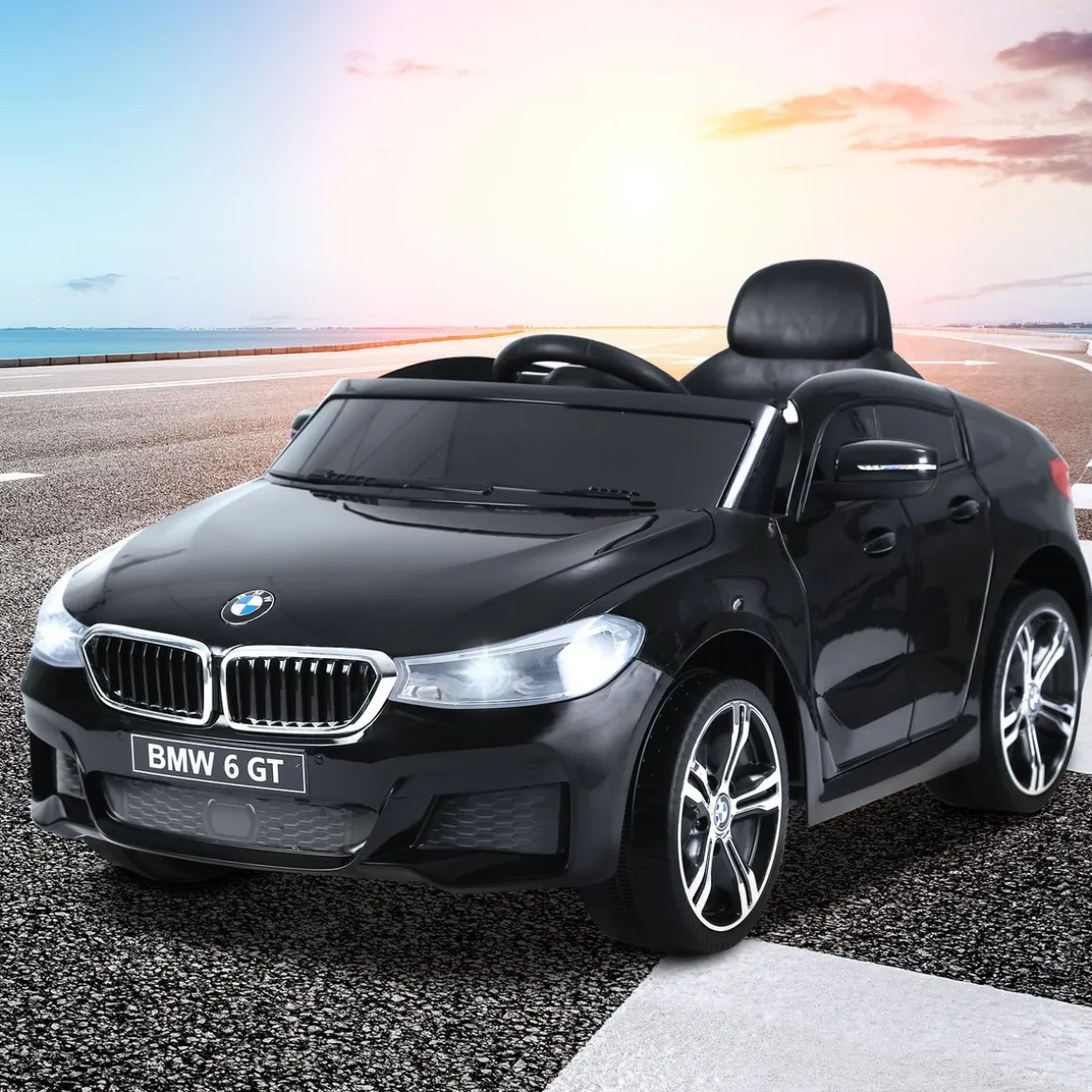 Cochecito eléctrico BMW 6GT Homcom infantil con luces + sonidos +3A negro 51x106x64 cm