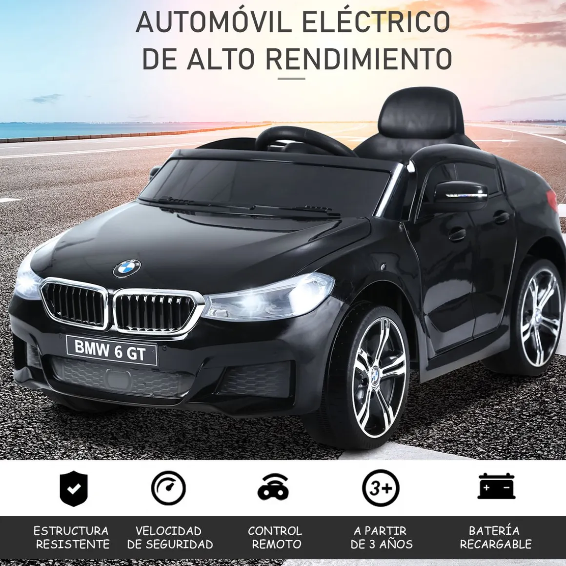 Cochecito eléctrico BMW 6GT Homcom infantil con luces + sonidos +3A negro 51x106x64 cm