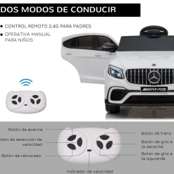 Cochecito eléctrico Mercedes AMG Homcom con mando +3A blanco 55x115x70 cm