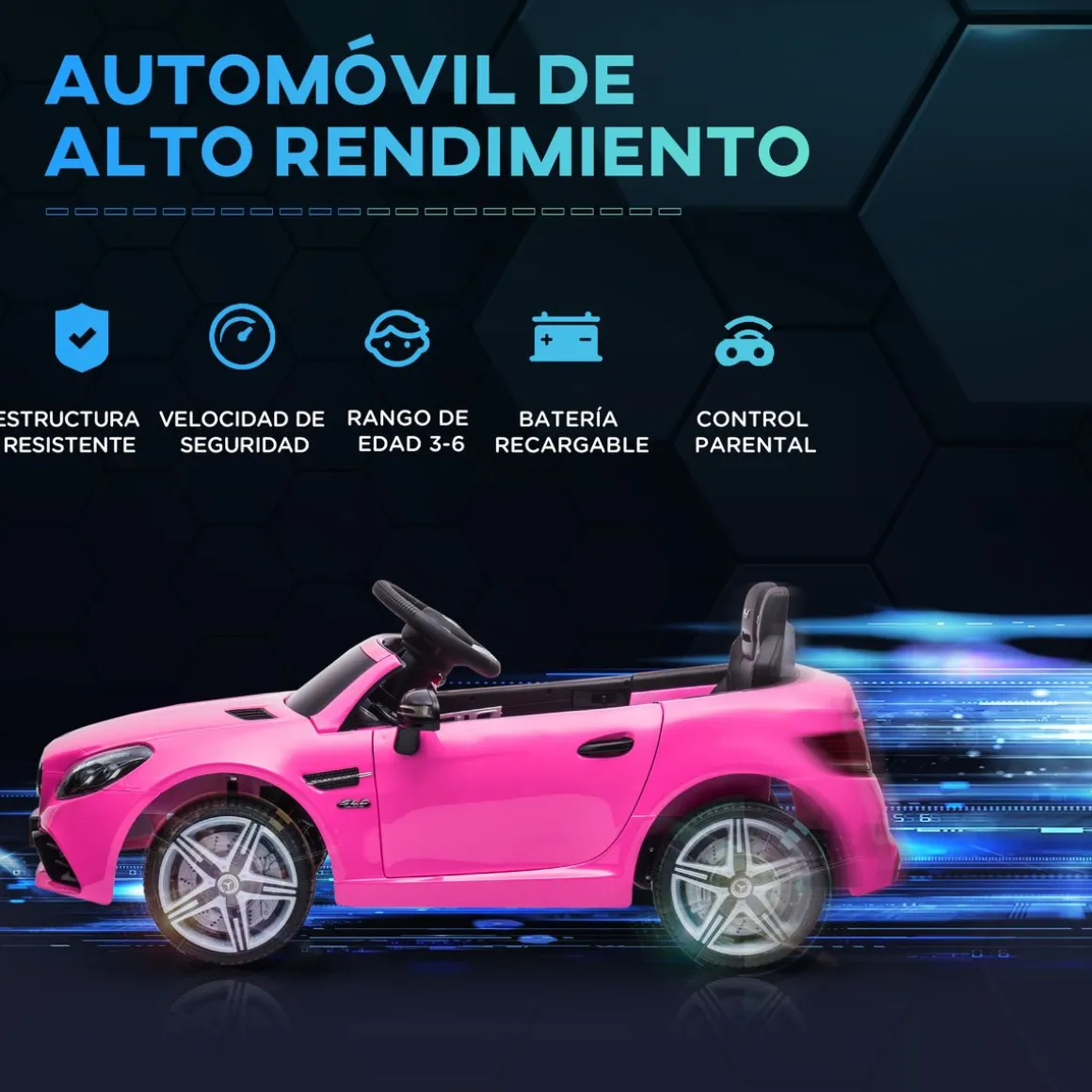 Cochecito eléctrico Mercedes SLC 300 Aiyaplay con mando + LED + música +3A rosa 44x107x62,5 cm