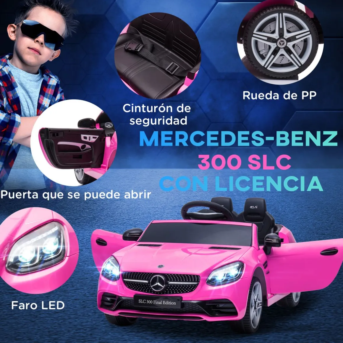 Cochecito eléctrico Mercedes SLC 300 Aiyaplay con mando + LED + música +3A rosa 44x107x62,5 cm