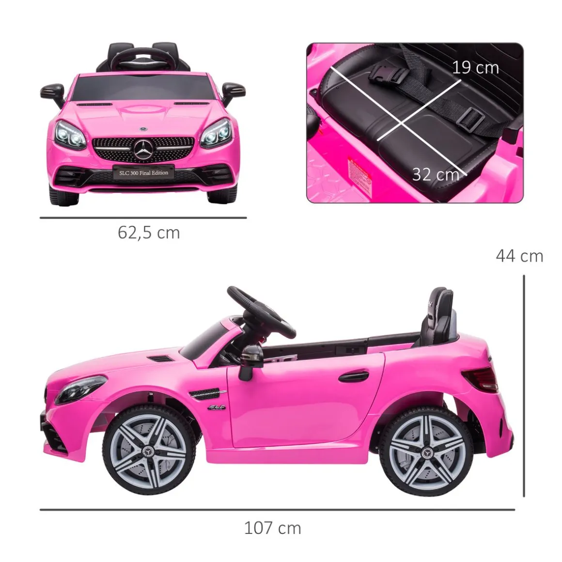 Cochecito eléctrico Mercedes SLC 300 Aiyaplay con mando + LED + música +3A rosa 44x107x62,5 cm