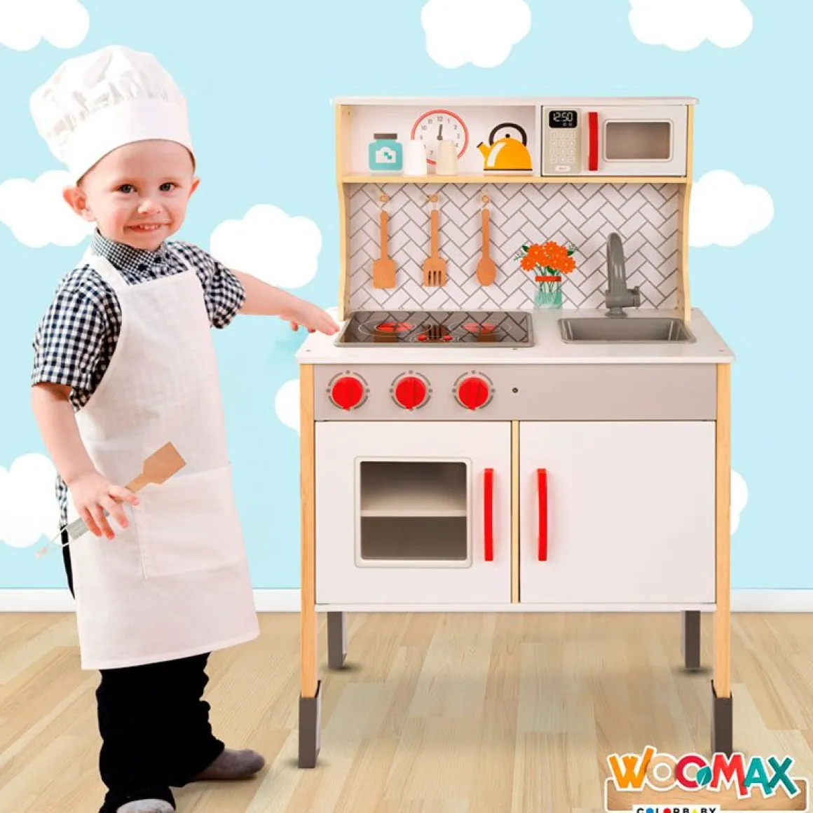 Cocina de juguete Woomax 5 accesorios luces y sonidos +3A gris 94,5x59,5x30 cm