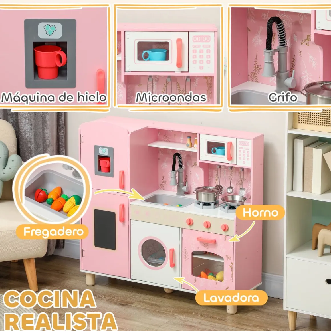 Cocina infantil Amapola Aiyaplay luces + sonidos rosa 91,6x90x33,3 cm