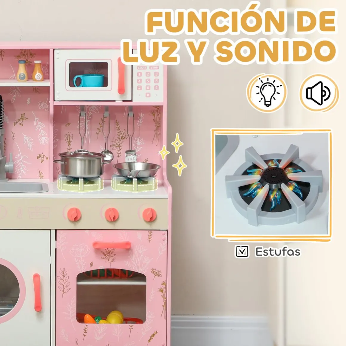 Cocina infantil Amapola Aiyaplay luces + sonidos rosa 91,6x90x33,3 cm