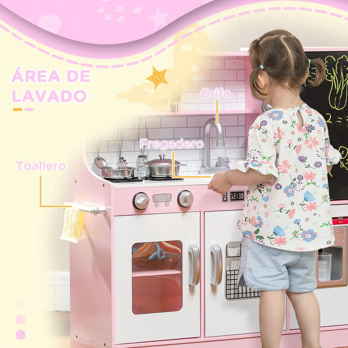 Cocina infantil Cook Aiyaplay microondas + máquina de hielo rosa 81x83,8x26,8 cm
