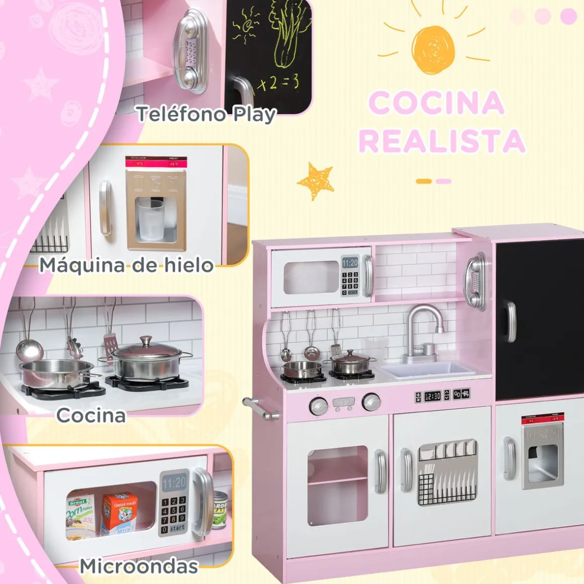 Cocina infantil Cook Aiyaplay microondas + máquina de hielo rosa 81x83,8x26,8 cm