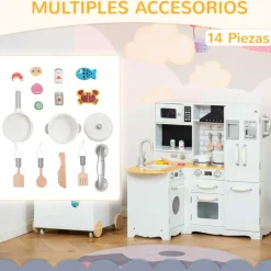 Cocina infantil Homcom con accesorios +3A blanco 87x82x65 cm