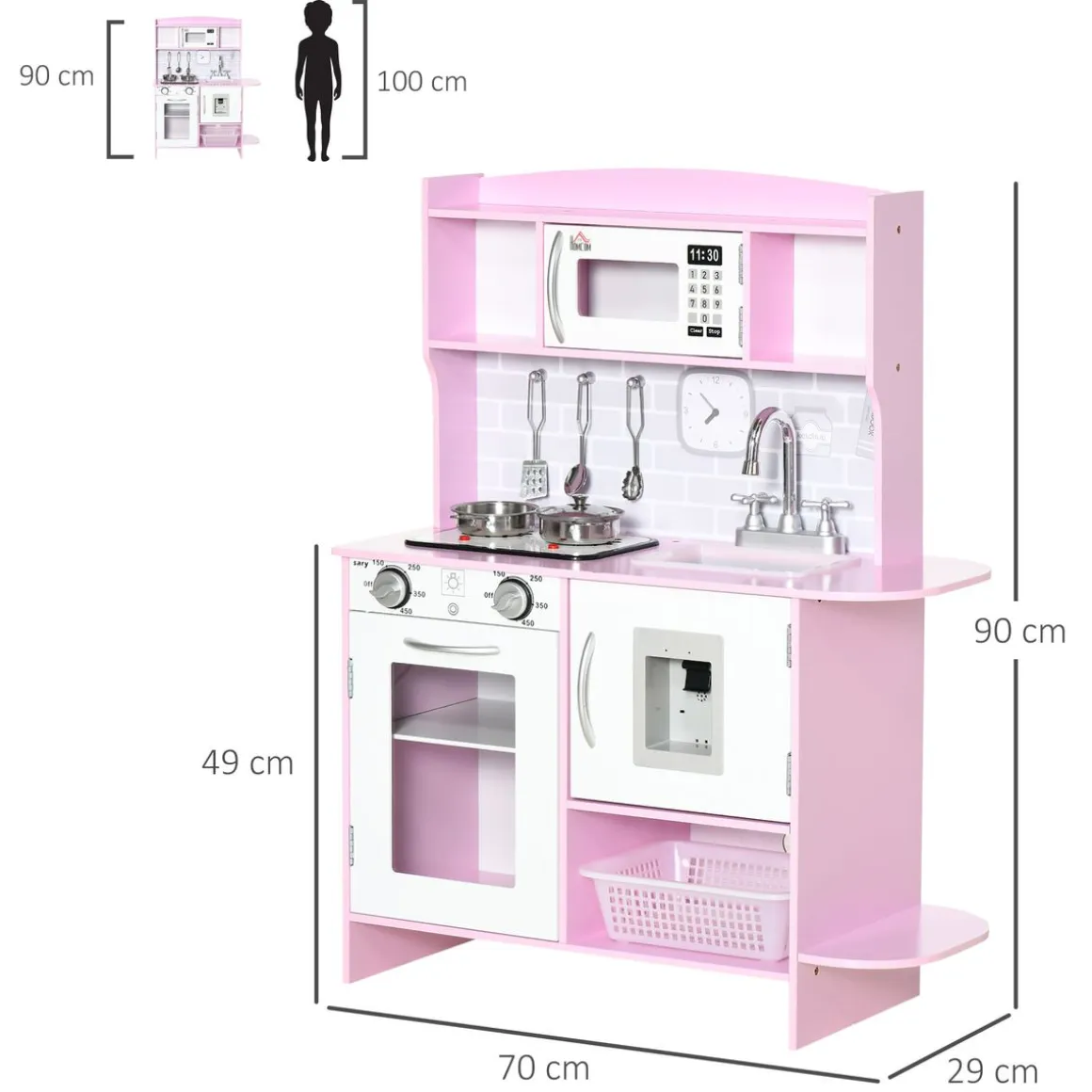 Cocina infantil Homcom con luz y sonidos +3A rosa 90x70x29 cm