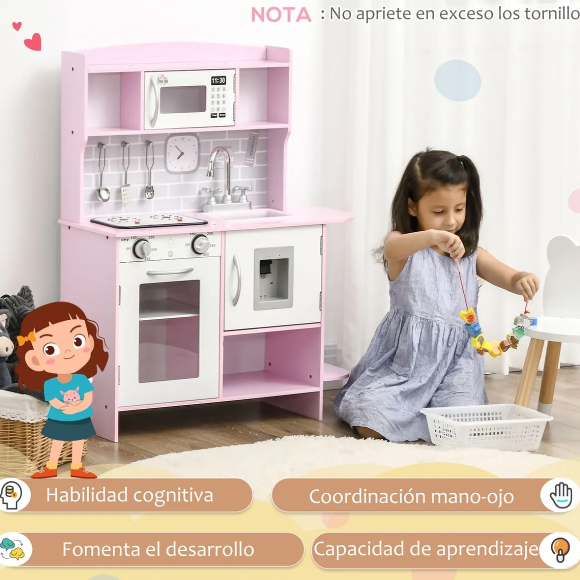 Cocina infantil Homcom con luz y sonidos +3A rosa 90x70x29 cm