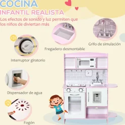 Cocina infantil Homcom con luz y sonidos +3A rosa 90x70x29 cm