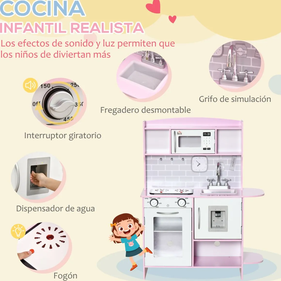 Cocina infantil Homcom con luz y sonidos +3A rosa 90x70x29 cm